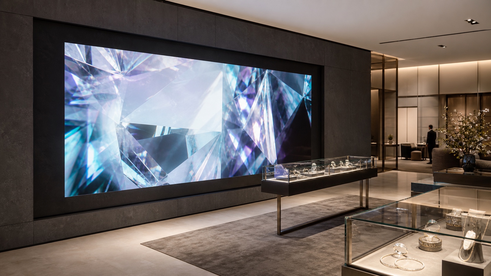 Conceptual luxury retail salon with glass jewelry cases and a seamless MicroLED wall displaying abstract gemstone imagery