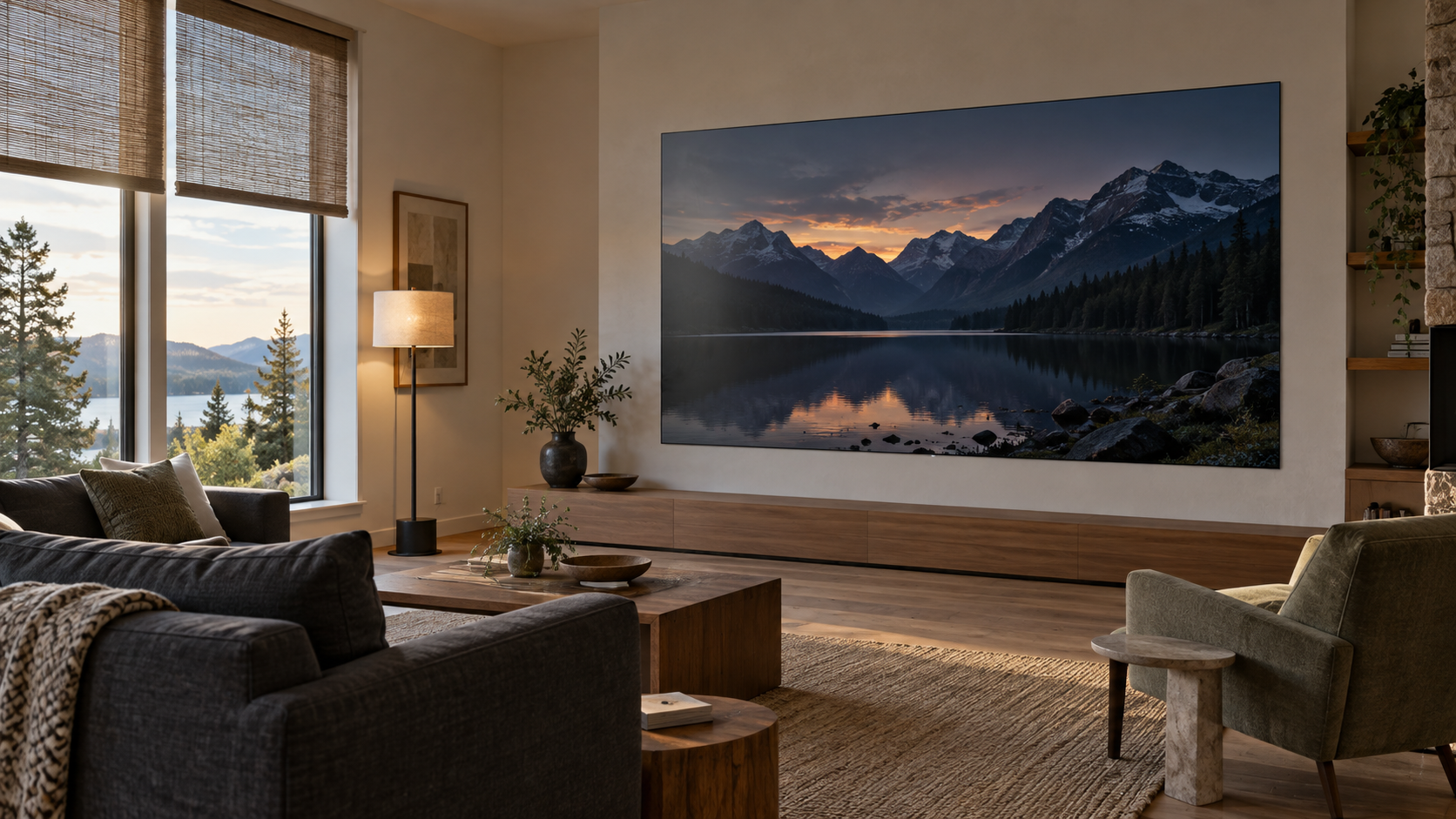 Great room with side windows, partly lowered shades and a large MicroLED wall showing a mountain lake at dusk