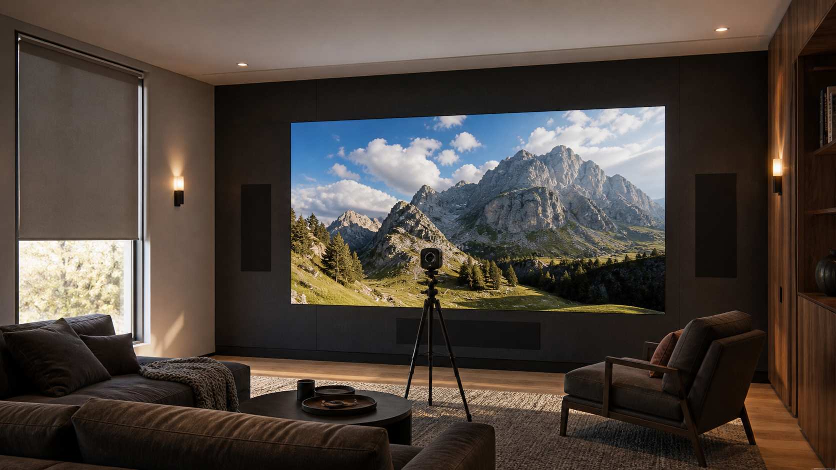 Conceptual premium media room with a seamless MicroLED wall, controlled daylight, practical lighting, and a display measurement instrument