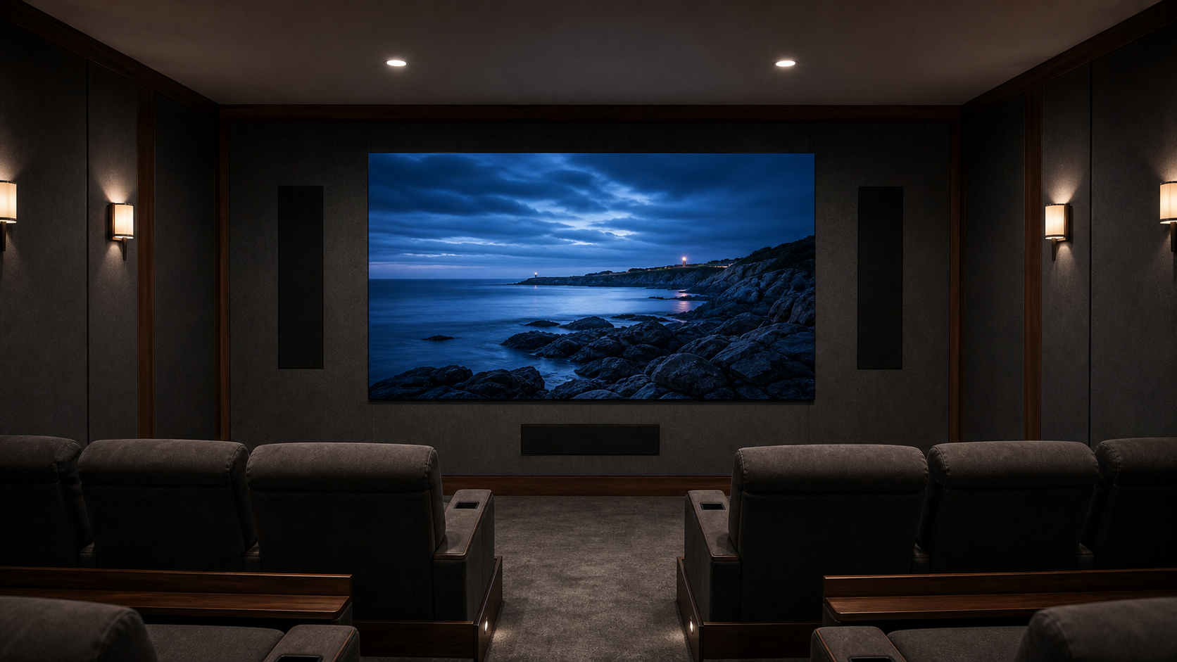 Conceptual private cinema with a large seamless MicroLED wall, acoustical treatment, front speakers, and tiered seating