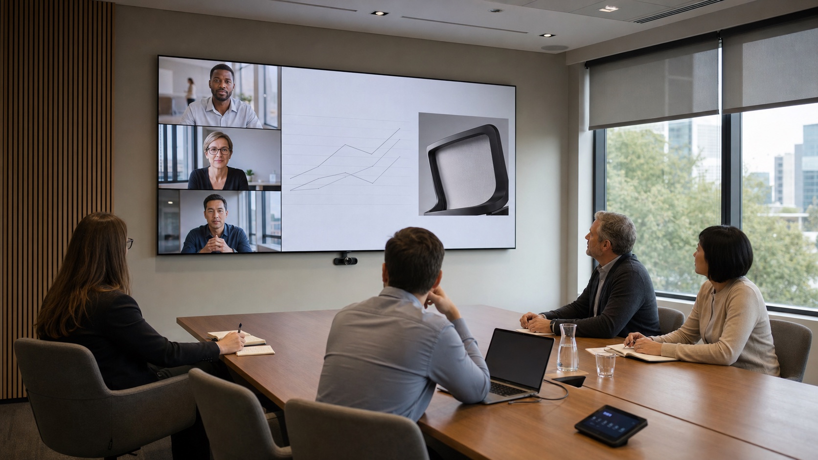 Conceptual executive boardroom with a wide MicroLED wall showing remote participants and shared presentation content