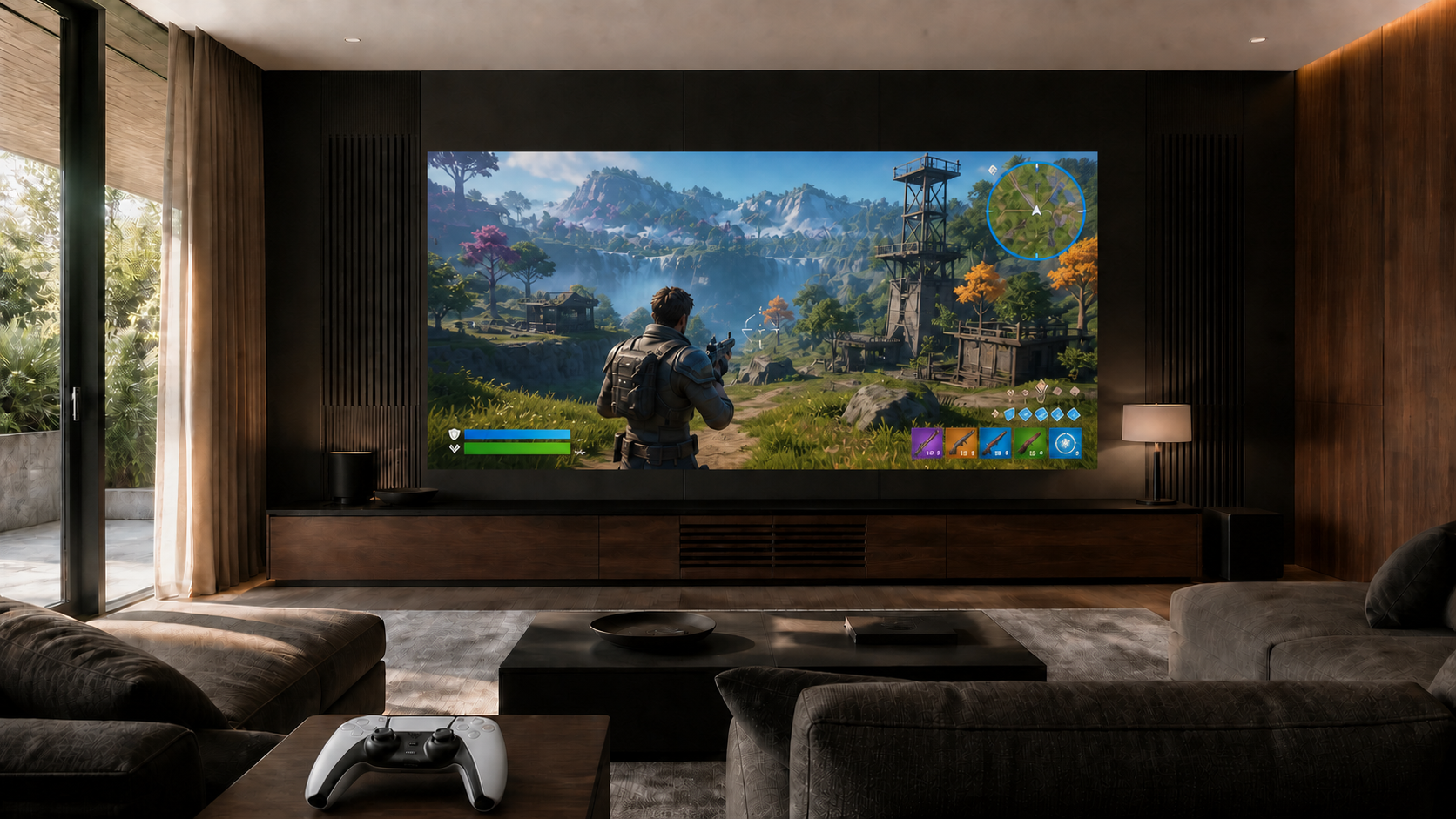 Conceptual premium home gaming room with a bezel-free MicroLED wall showing an unbranded battle-royale game and a controller in the foreground