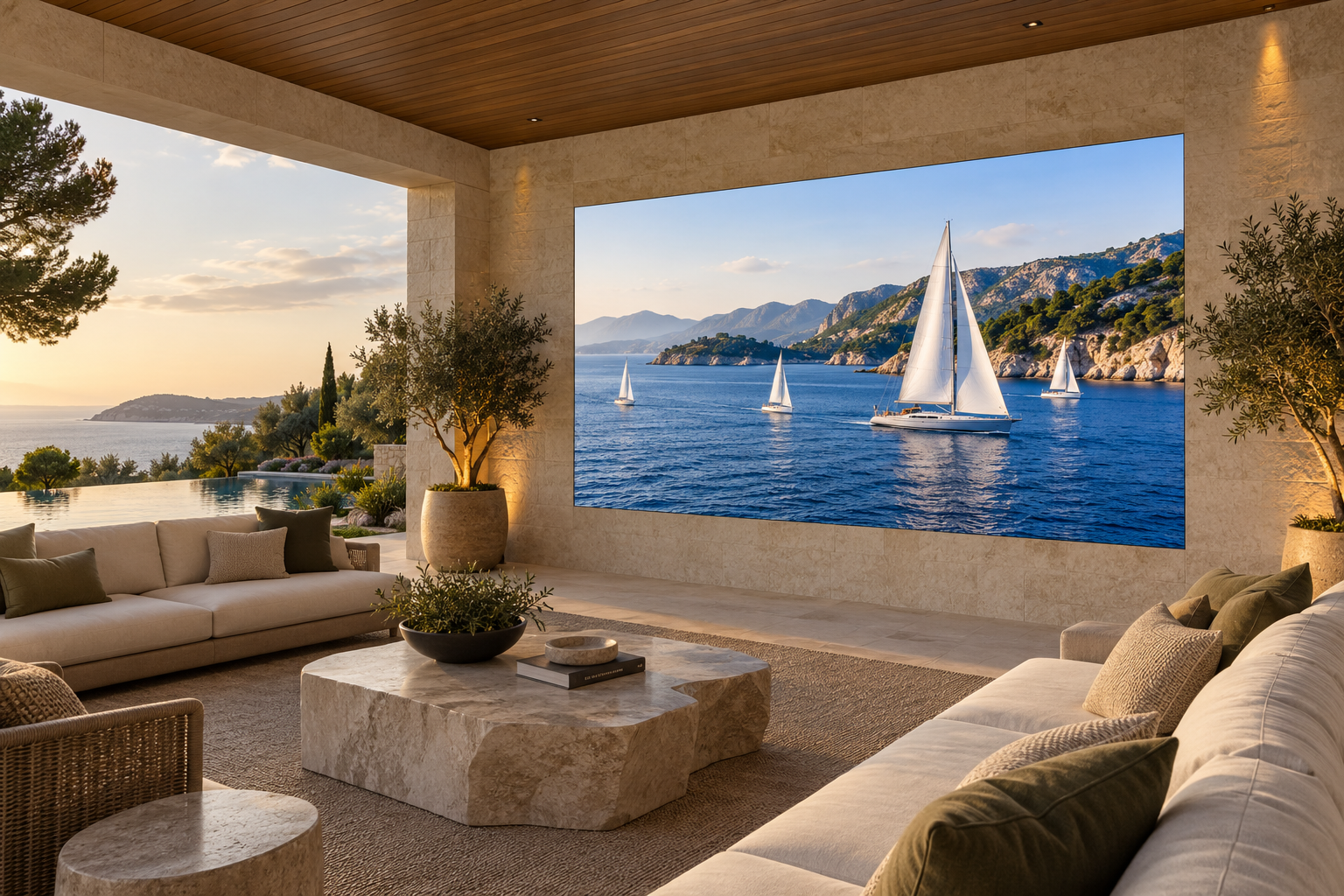 Covered stone terrace with lounge seating and a bezel-free MicroLED wall displaying sailboats