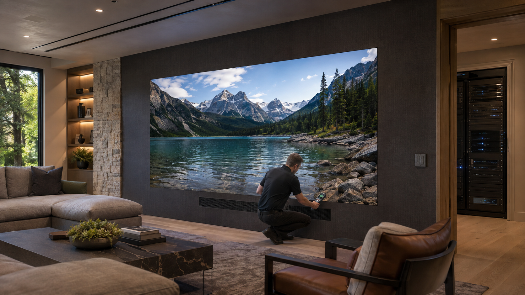 Conceptual residential media room with a bezel-free MicroLED wall, ceiling air distribution, thermal commissioning, and a separate equipment rack