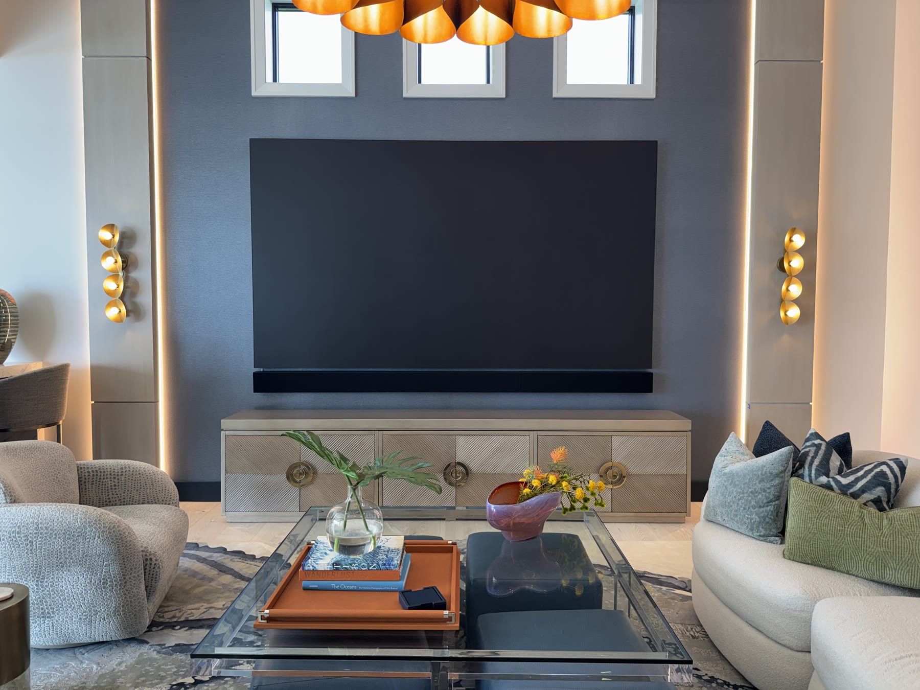 Residential direct-view video wall with a custom soundbar installed directly below the image