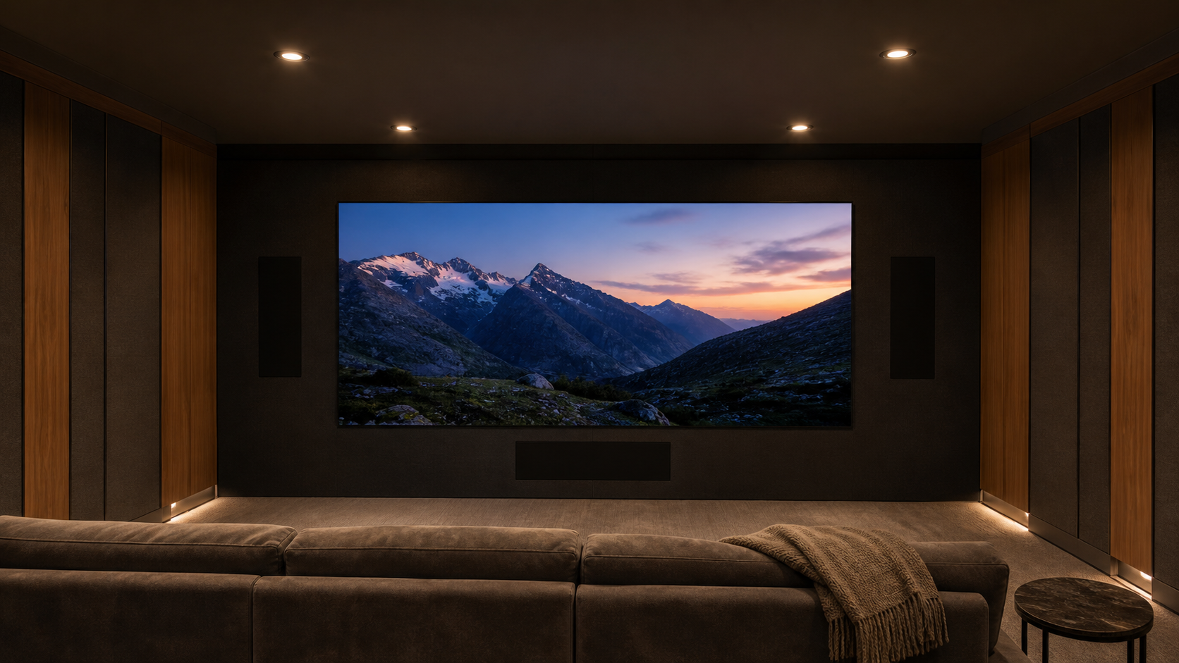 Conceptual private home theater with a seamless direct-view MicroLED wall and speakers positioned around the solid display surface