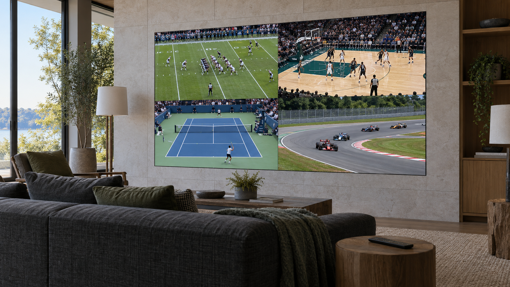 Conceptual home sports room with one bezel-free MicroLED wall showing football, basketball, tennis and racing in four equal windows