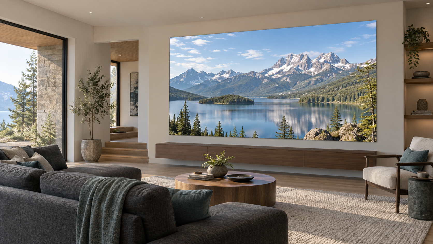 Conceptual residential media room with an edge-to-edge MicroLED wall displaying a mountain lake, with seating and natural daylight